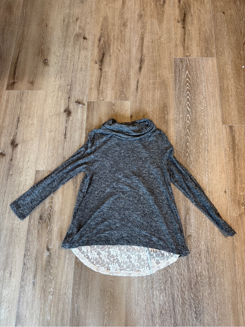 Poof! Gray Knit Top with White Lace and Metal Logo Tag